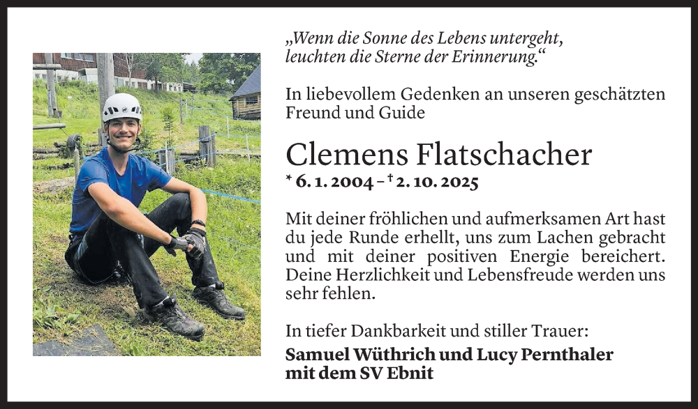  Todesanzeige für Clemens Jakob Flatschacher vom 07.10.2025 aus Vorarlberger Nachrichten