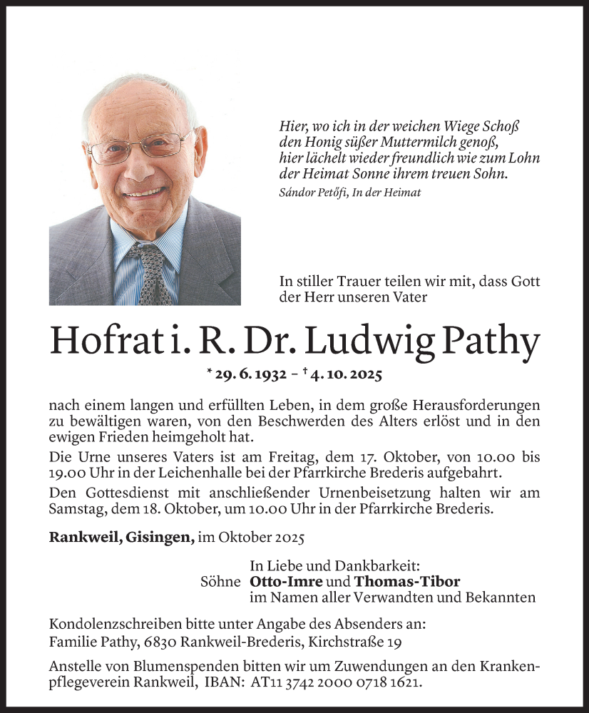  Todesanzeige für Ludwig Ludwig vom 08.10.2025 aus Vorarlberger Nachrichten