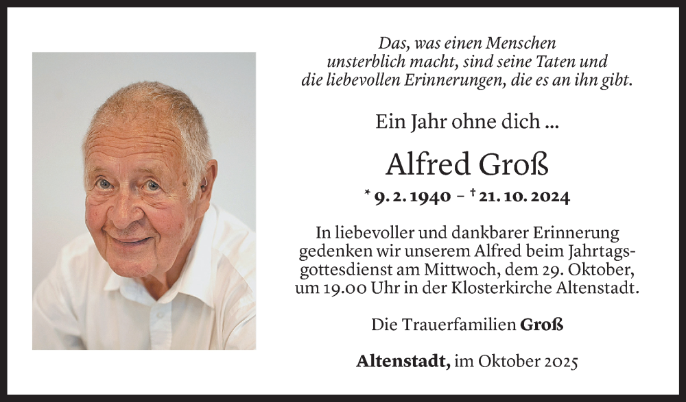  Todesanzeige für Alfred Groß vom 26.10.2025 aus Vorarlberger Nachrichten