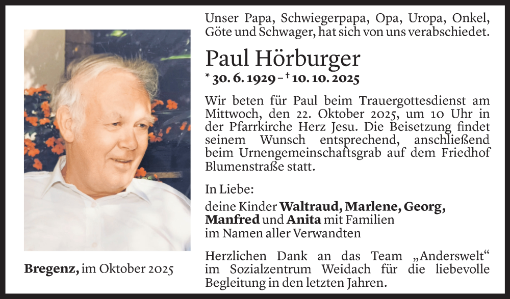  Todesanzeige für Paul Hörburger vom 15.10.2025 aus Vorarlberger Nachrichten