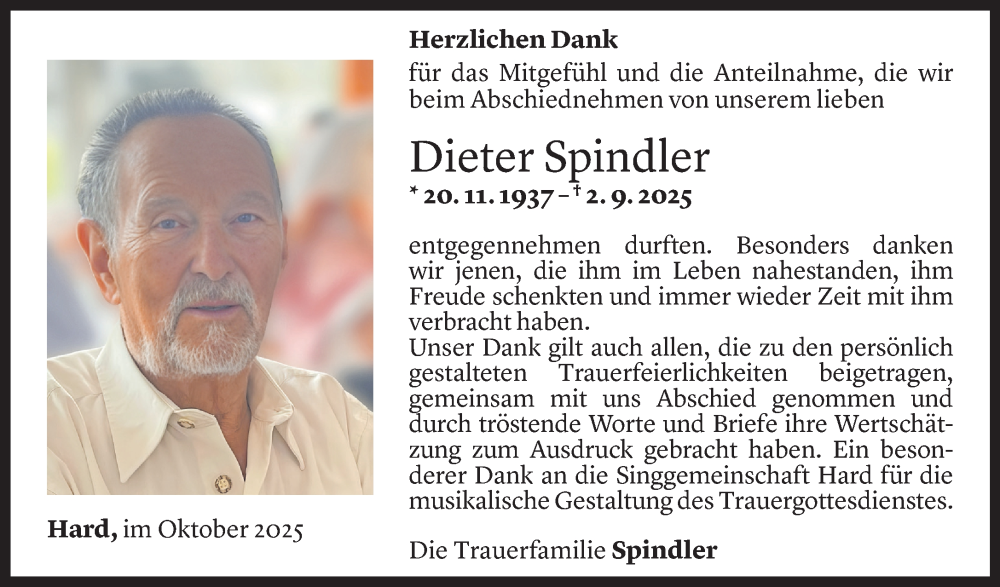 Todesanzeige für Dieter Spindler vom 03.10.2025 aus Vorarlberger Nachrichten