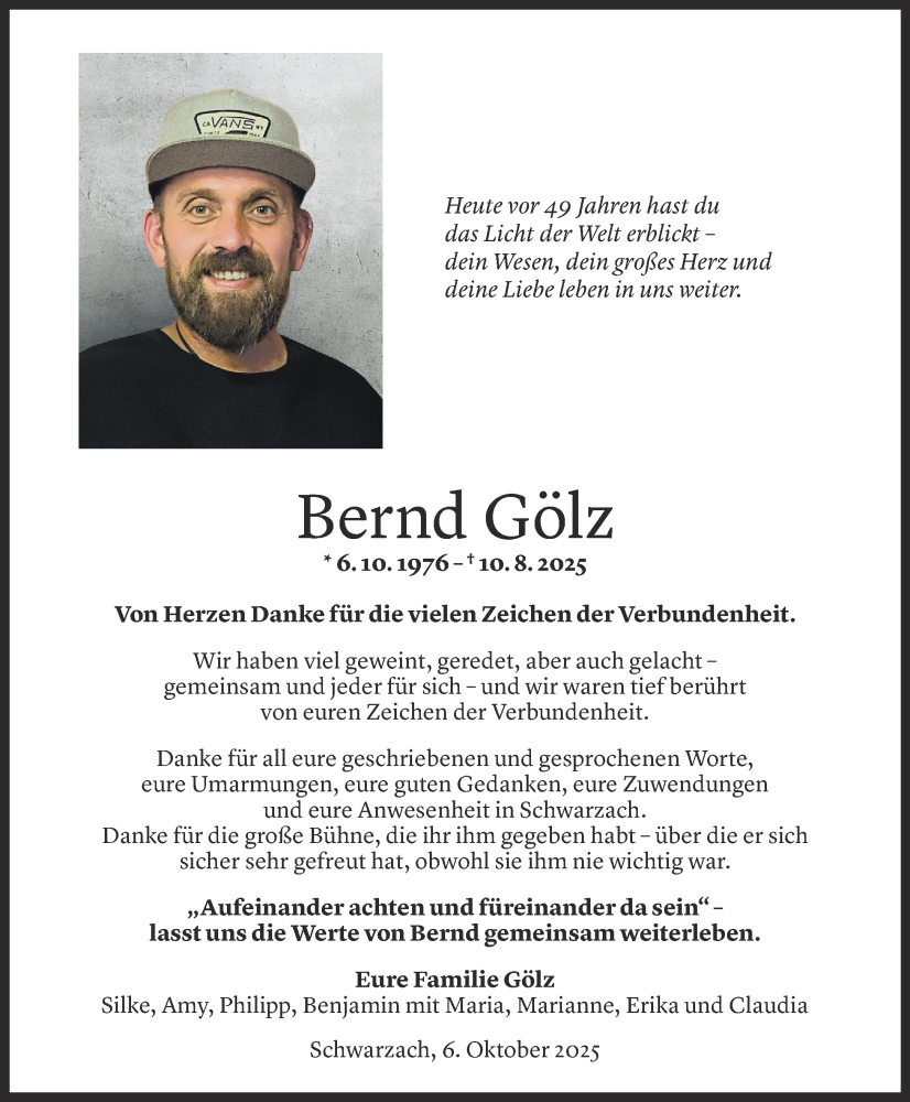  Todesanzeige für Bernd Gölz vom 06.10.2025 aus Vorarlberger Nachrichten
