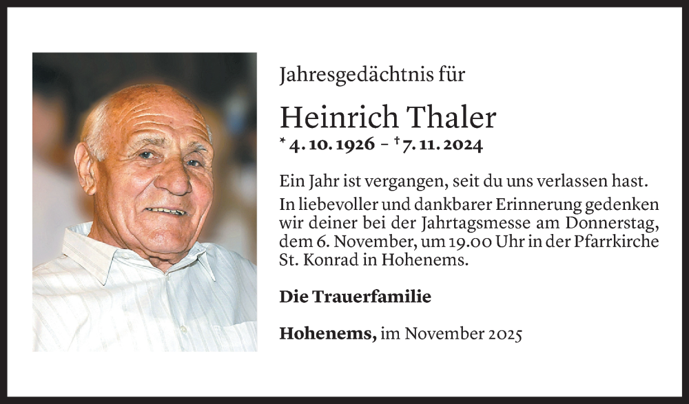  Todesanzeige für Heinrich Thaler vom 02.11.2025 aus Vorarlberger Nachrichten