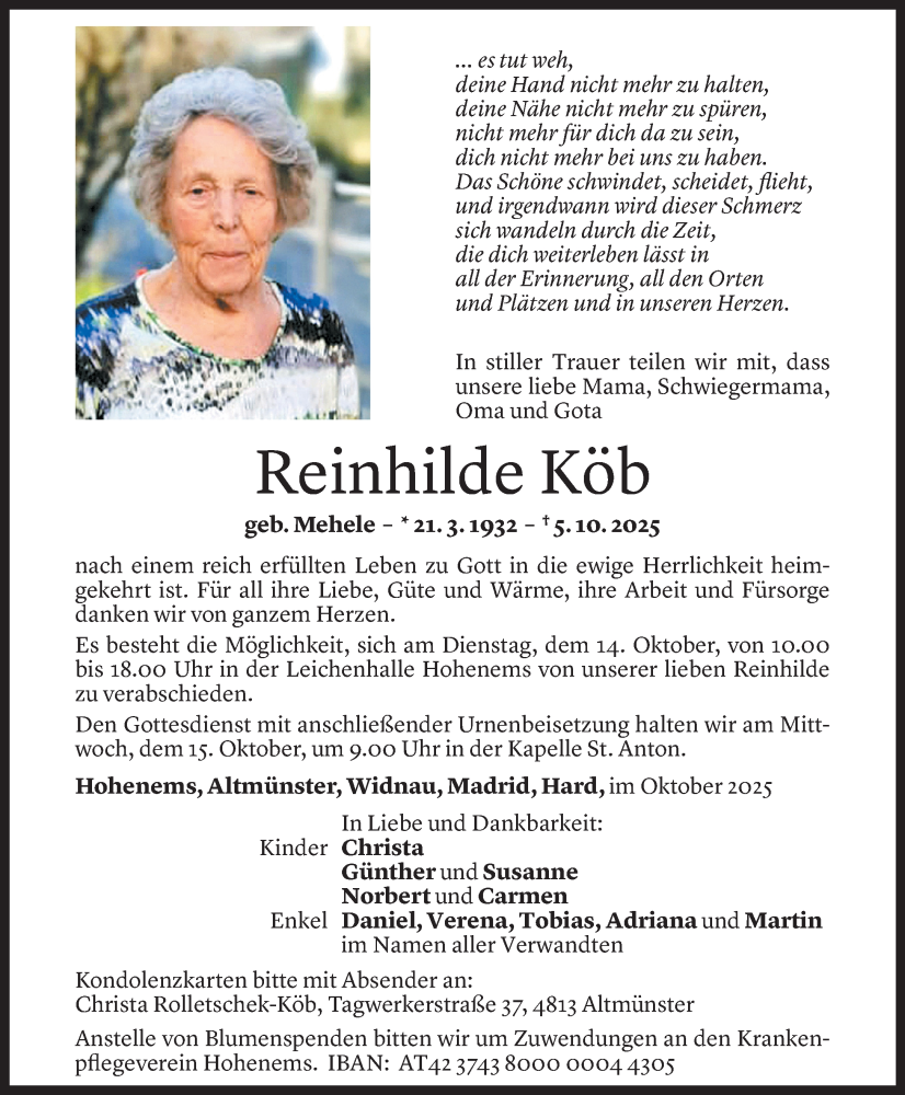  Todesanzeige für Reinhilde Köb vom 10.10.2025 aus Vorarlberger Nachrichten
