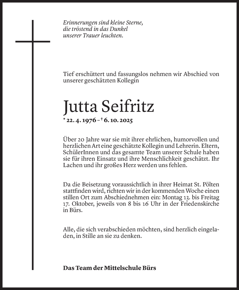  Todesanzeige für Jutta Seifritz vom 10.10.2025 aus Vorarlberger Nachrichten