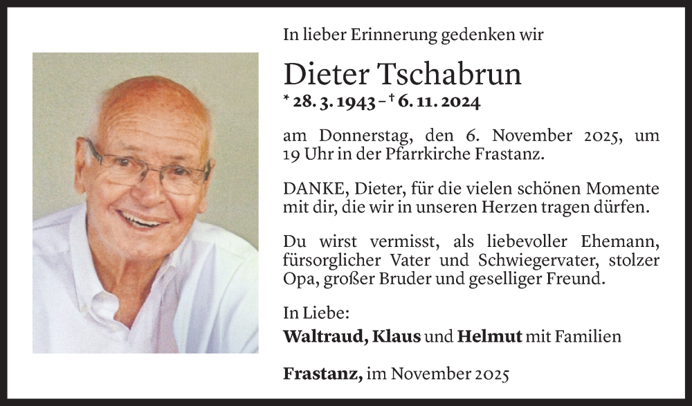  Todesanzeige für Dieter Tschabrun vom 24.10.2025 aus Vorarlberger Nachrichten
