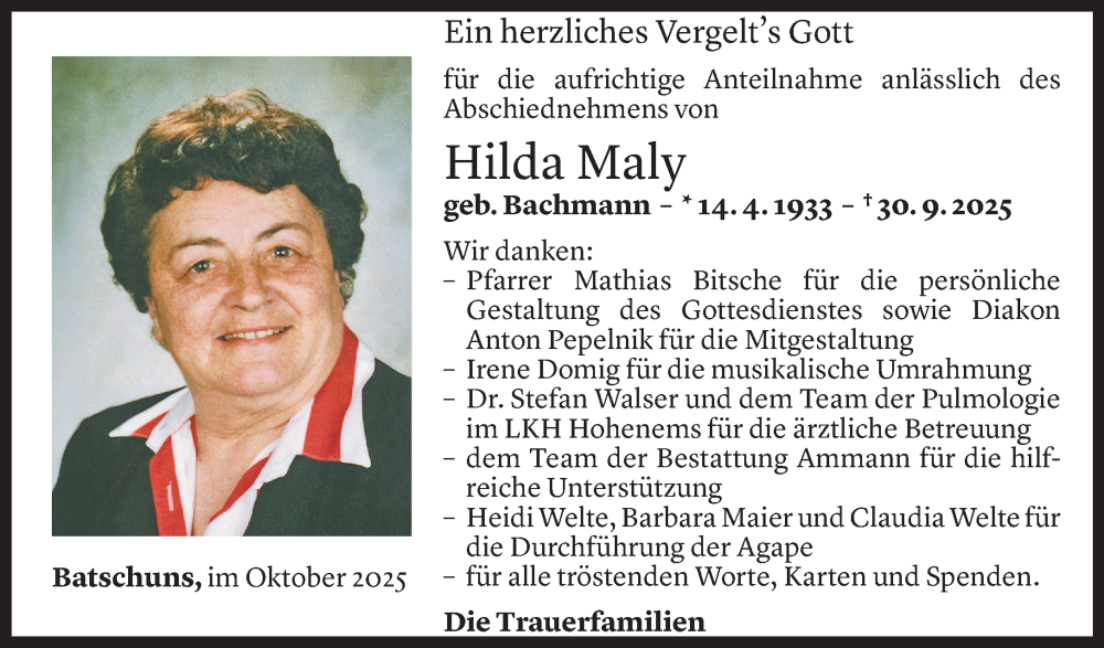  Todesanzeige für Hilde Maly vom 27.10.2025 aus Vorarlberger Nachrichten