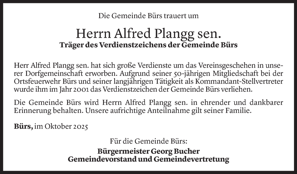  Todesanzeige für Alfred Plangg vom 17.10.2025 aus Vorarlberger Nachrichten