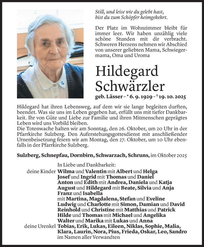  Todesanzeige für Hildegard Schwärzler vom 21.10.2025 aus Vorarlberger Nachrichten