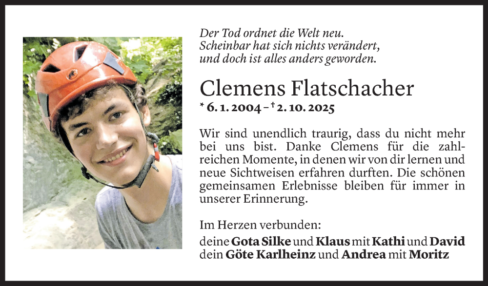  Todesanzeige für Clemens Jakob Flatschacher vom 07.10.2025 aus Vorarlberger Nachrichten