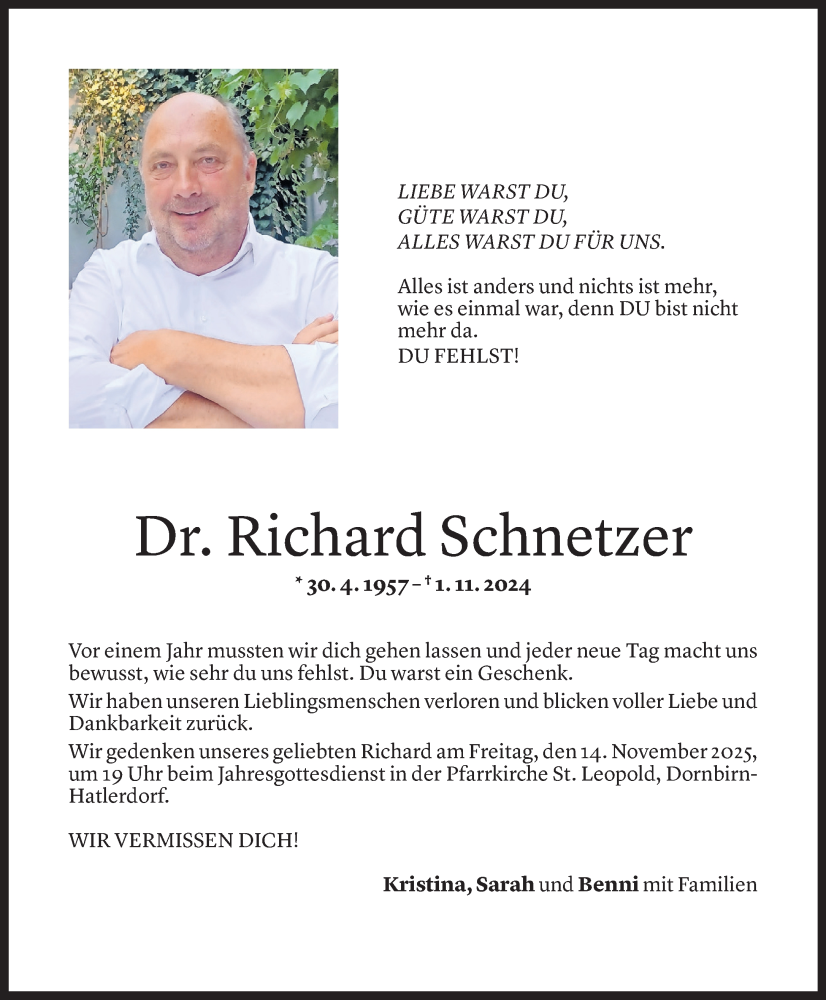  Todesanzeige für Richard Schnetzer vom 31.10.2025 aus Vorarlberger Nachrichten