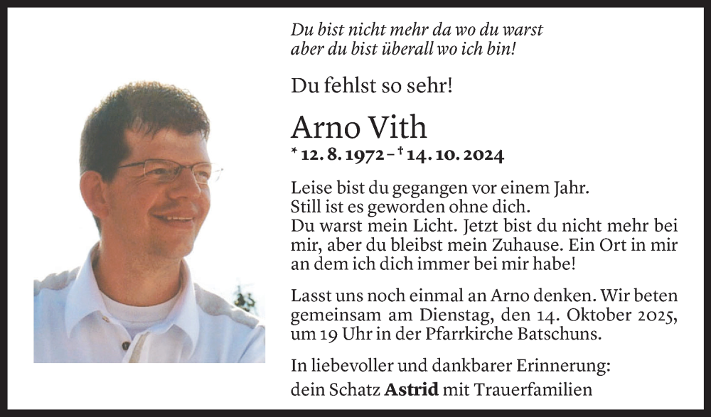  Todesanzeige für Arno Vith vom 13.10.2025 aus Vorarlberger Nachrichten
