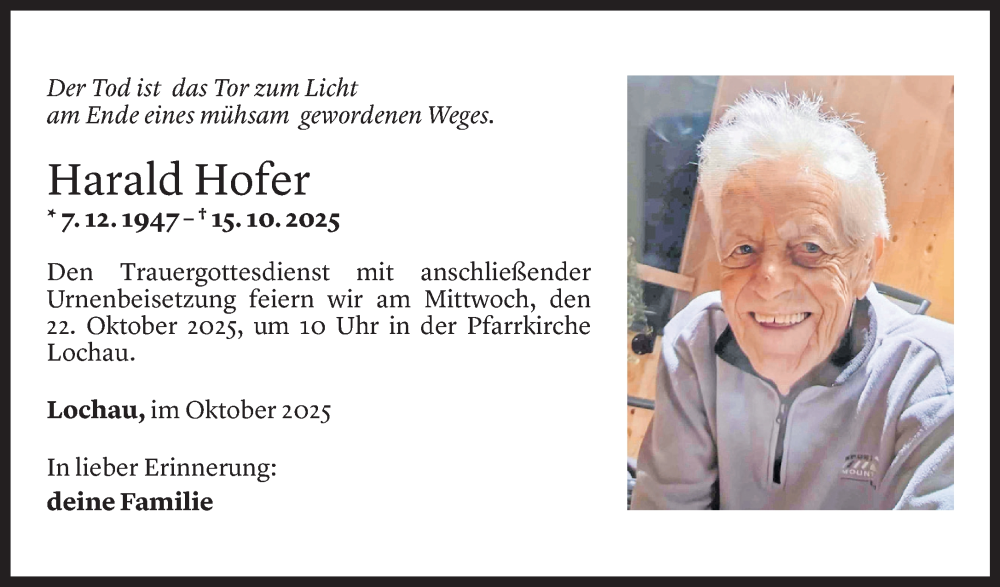  Todesanzeige für Harald Hofer vom 17.10.2025 aus Vorarlberger Nachrichten