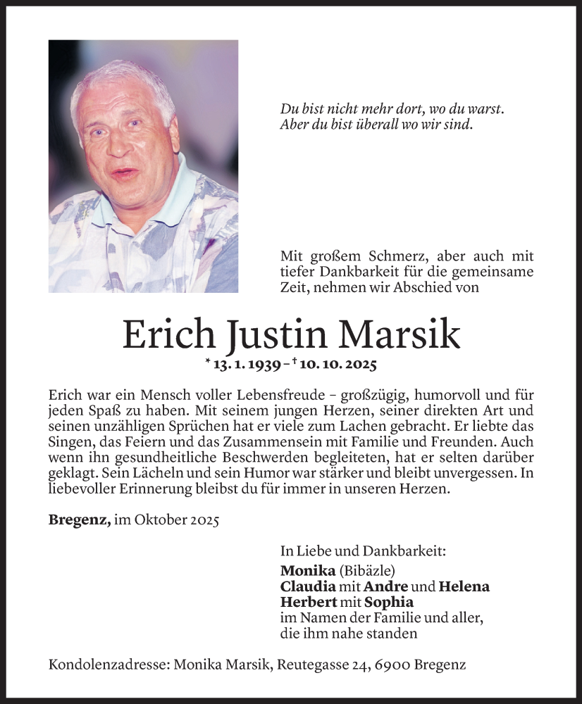  Todesanzeige für Erich Justin Marsik vom 18.10.2025 aus Vorarlberger Nachrichten