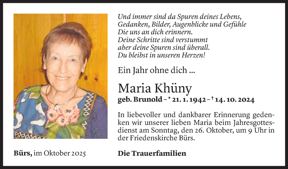  Todesanzeige für Maria Khüny vom 22.10.2025 aus Vorarlberger Nachrichten