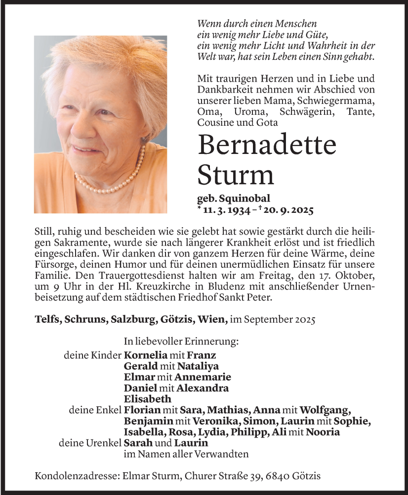  Todesanzeige für Bernadette Sturm vom 10.10.2025 aus Vorarlberger Nachrichten