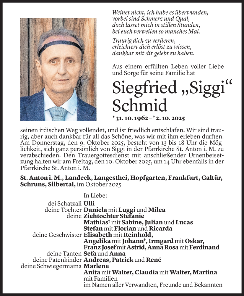  Todesanzeige für Siegfried Schmid vom 06.10.2025 aus Vorarlberger Nachrichten