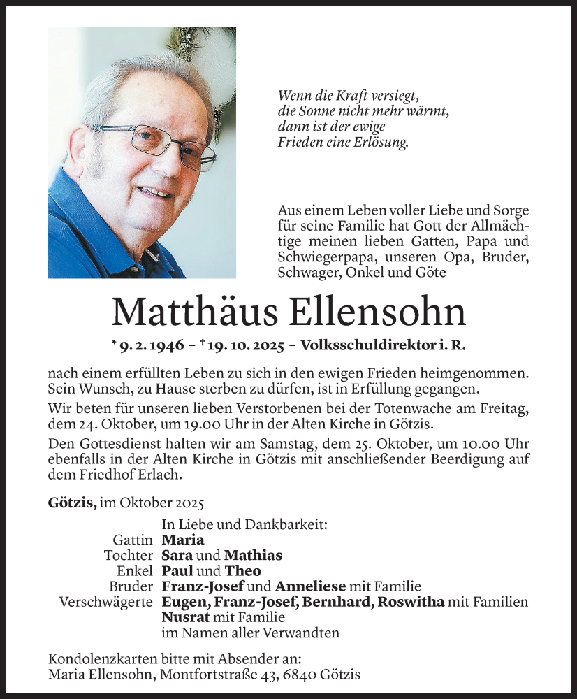  Todesanzeige für Matthäus Ellensohn vom 20.10.2025 aus Vorarlberger Nachrichten
