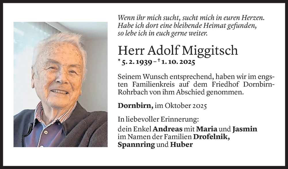  Todesanzeige für Adolf Miggitsch vom 13.10.2025 aus Vorarlberger Nachrichten
