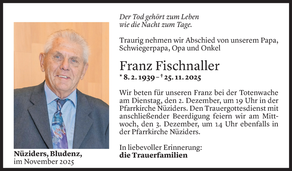  Todesanzeige für Franz Fischnaller vom 28.11.2025 aus Vorarlberger Nachrichten