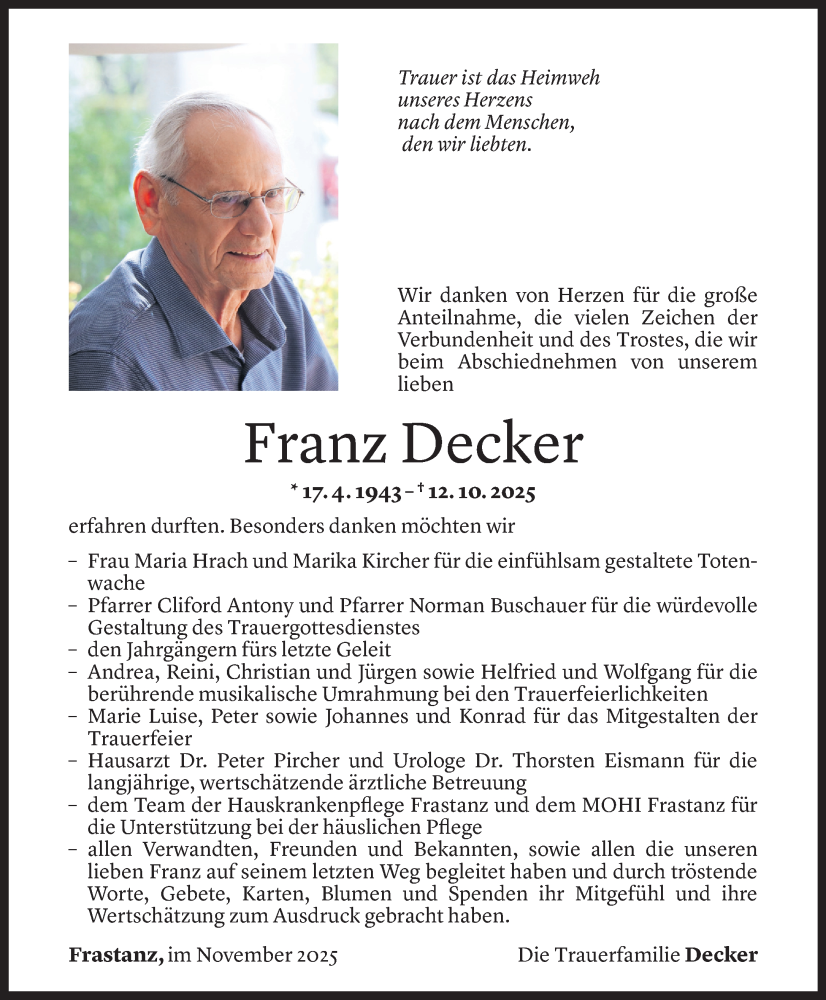  Todesanzeige für Franz Decker vom 21.11.2025 aus vorarlberger nachrichten