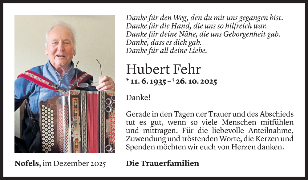  Todesanzeige für Hubert Fehr vom 04.12.2025 aus Vorarlberger Nachrichten
