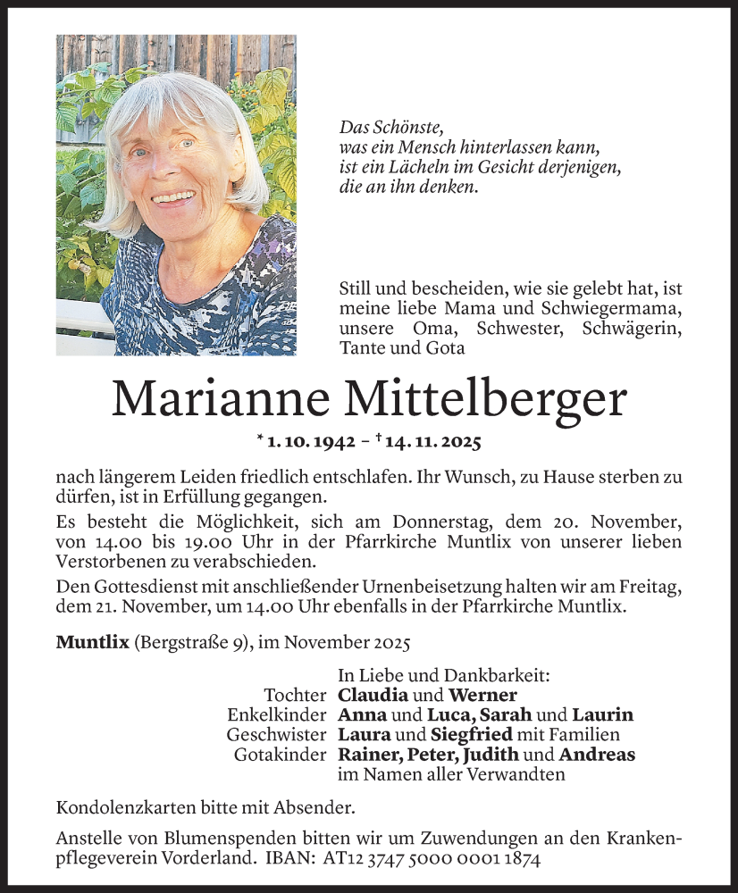  Todesanzeige für Marianne Mittelberger vom 17.11.2025 aus Vorarlberger Nachrichten