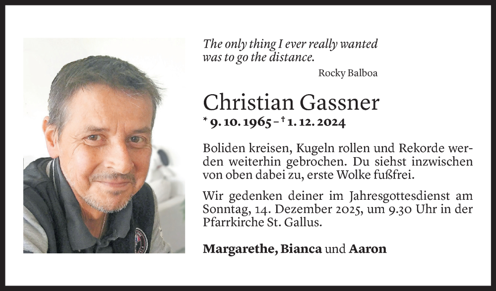  Todesanzeige für Christian Gassner vom 30.11.2025 aus Vorarlberger Nachrichten