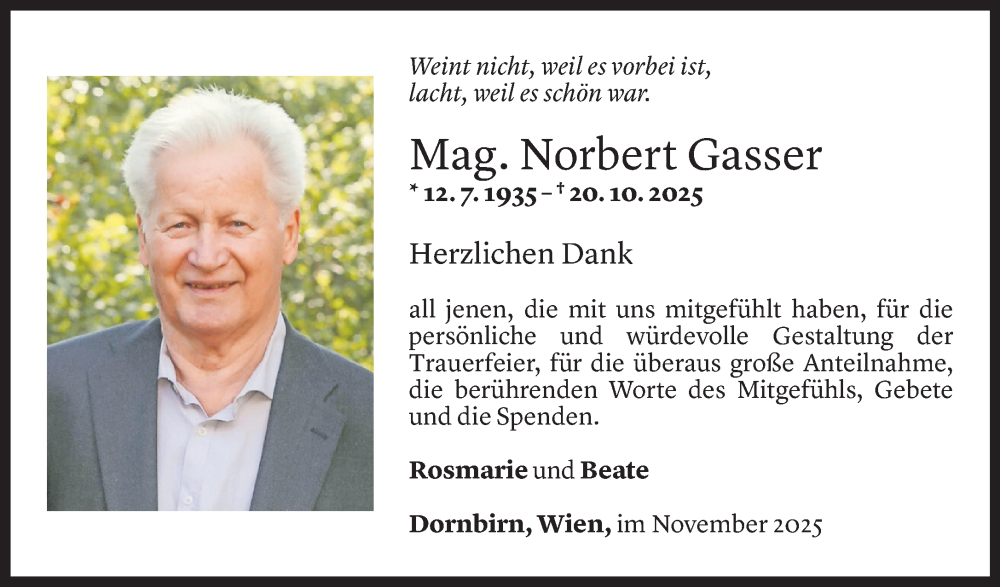  Todesanzeige für Norbert Gasser vom 20.11.2025 aus Vorarlberger Nachrichten