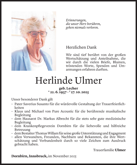 Todesanzeige von Herlinde Ulmer von Vorarlberger Nachrichten