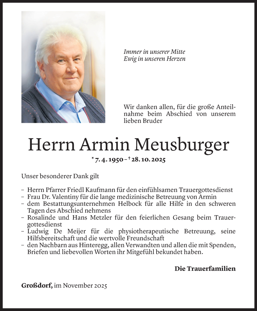  Todesanzeige für Armin Meusburger vom 28.11.2025 aus vorarlberger nachrichten