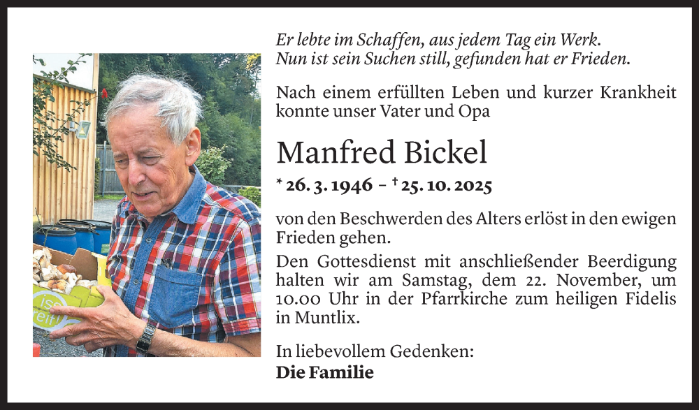  Todesanzeige für Manfred Bickel vom 19.11.2025 aus Vorarlberger Nachrichten