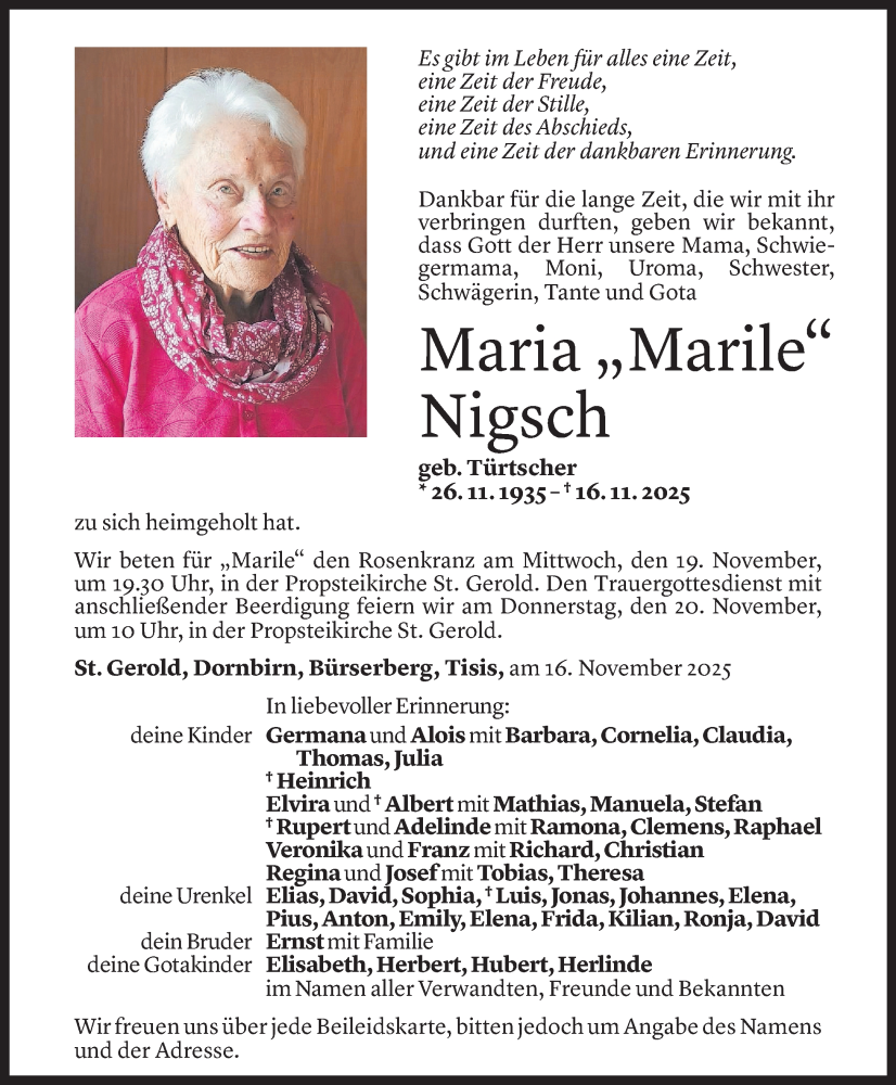  Todesanzeige für Maria Nigsch vom 17.11.2025 aus vorarlberger nachrichten