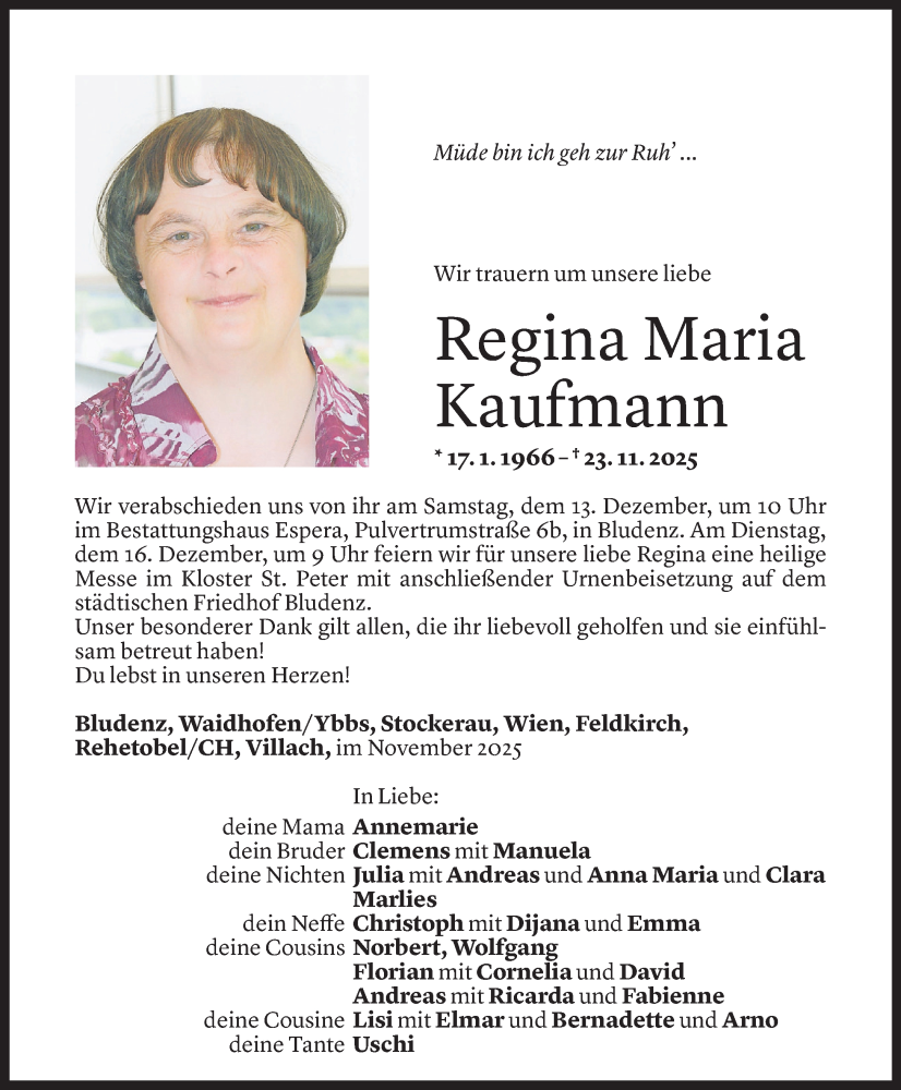  Todesanzeige für Regina Maria Kaufmann vom 05.12.2025 aus Vorarlberger Nachrichten