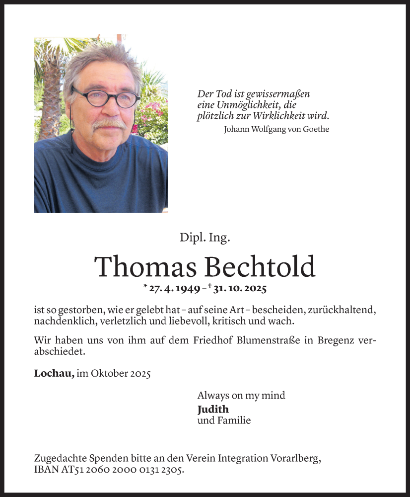  Todesanzeige für Thomas Bechtold vom 15.11.2025 aus vorarlberger nachrichten