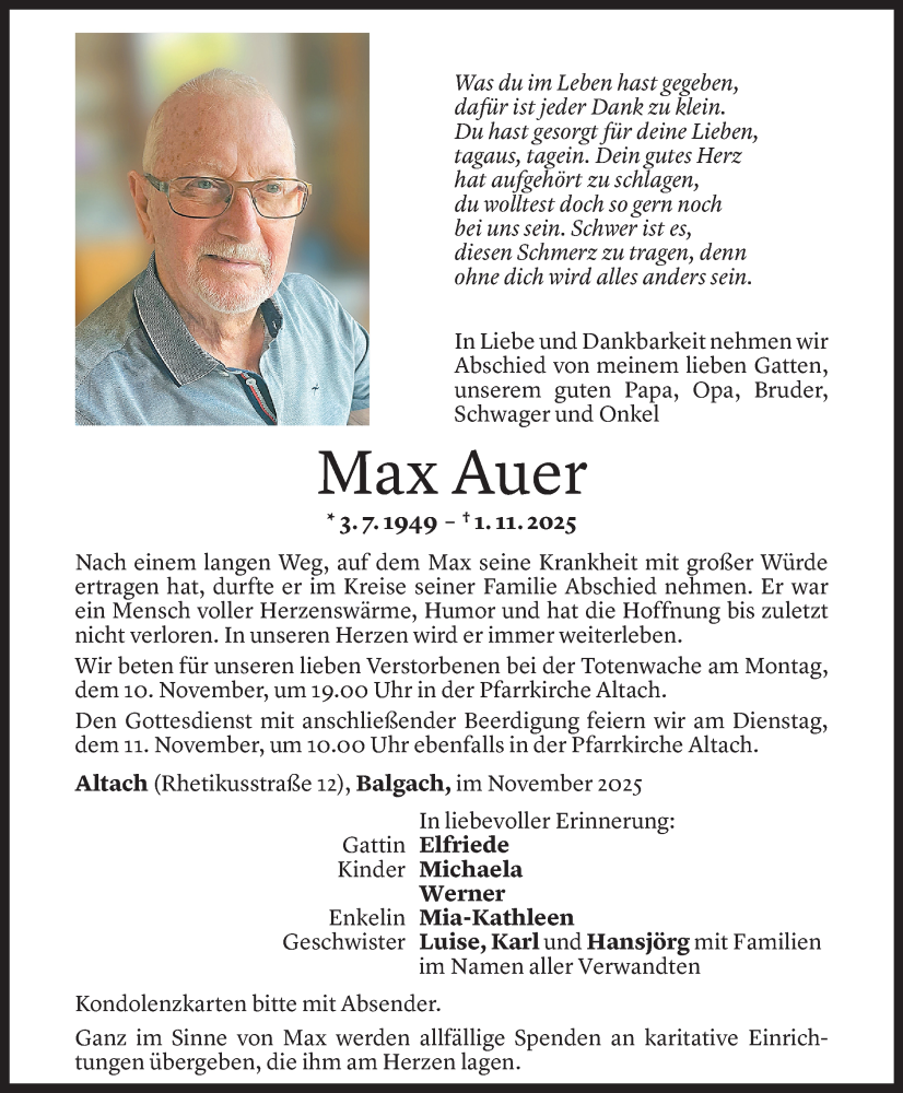  Todesanzeige für Max Auer vom 05.11.2025 aus Vorarlberger Nachrichten