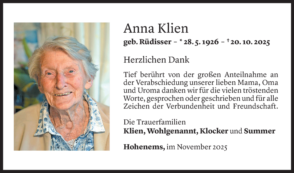  Todesanzeige für Anna Klien vom 14.11.2025 aus vorarlberger nachrichten