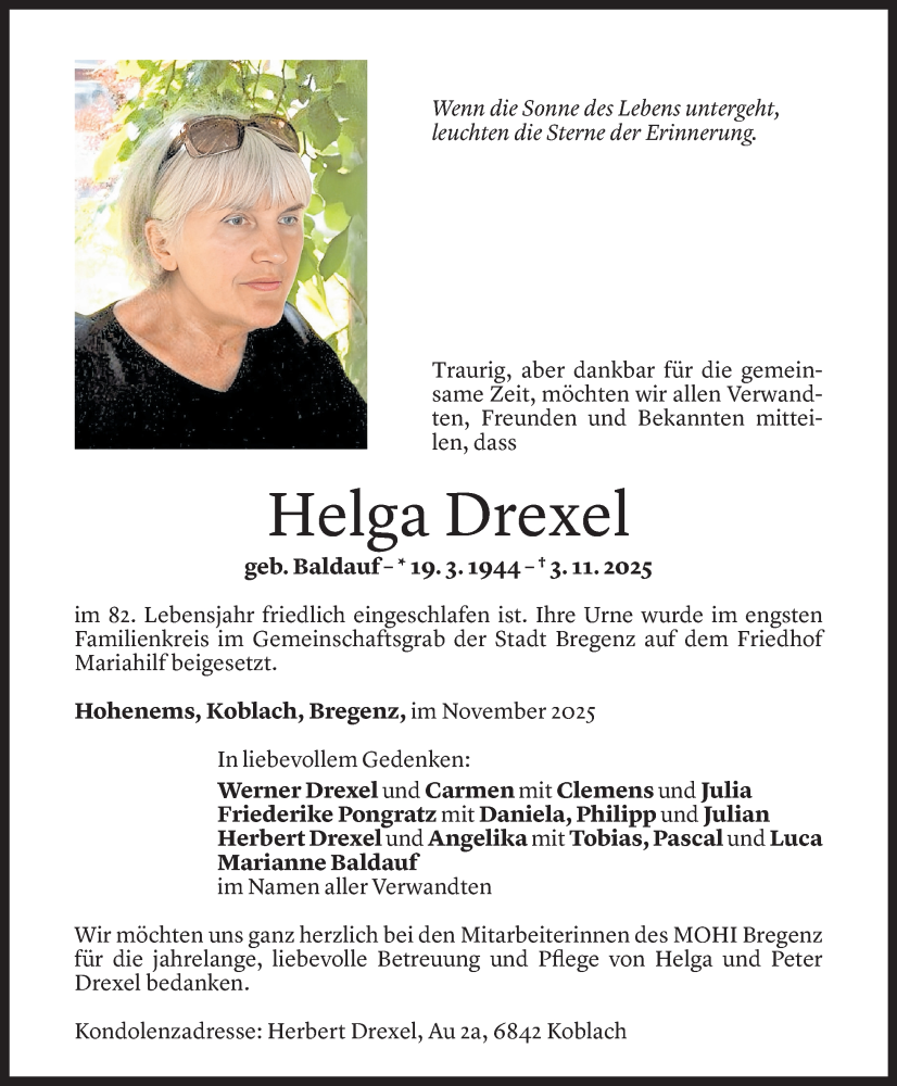  Todesanzeige für Helga Drexel vom 15.11.2025 aus Vorarlberger Nachrichten