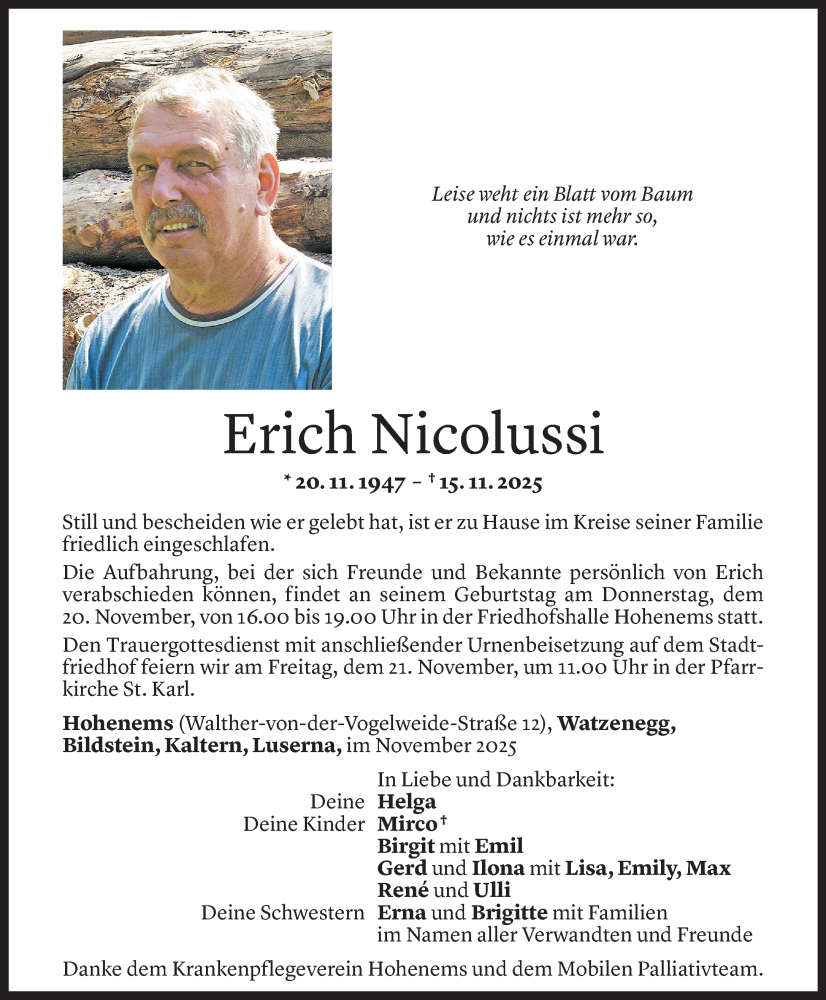  Todesanzeige für Erich Nicolussi vom 18.11.2025 aus Vorarlberger Nachrichten