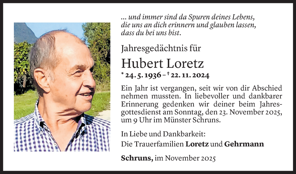  Todesanzeige für Hubert Loretz vom 13.11.2025 aus Vorarlberger Nachrichten