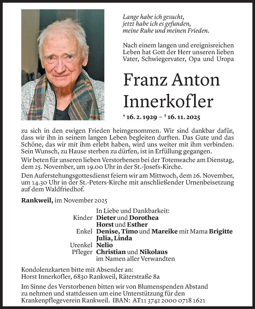  Todesanzeige für Franz Anton Innerkofler vom 20.11.2025 aus Vorarlberger Nachrichten