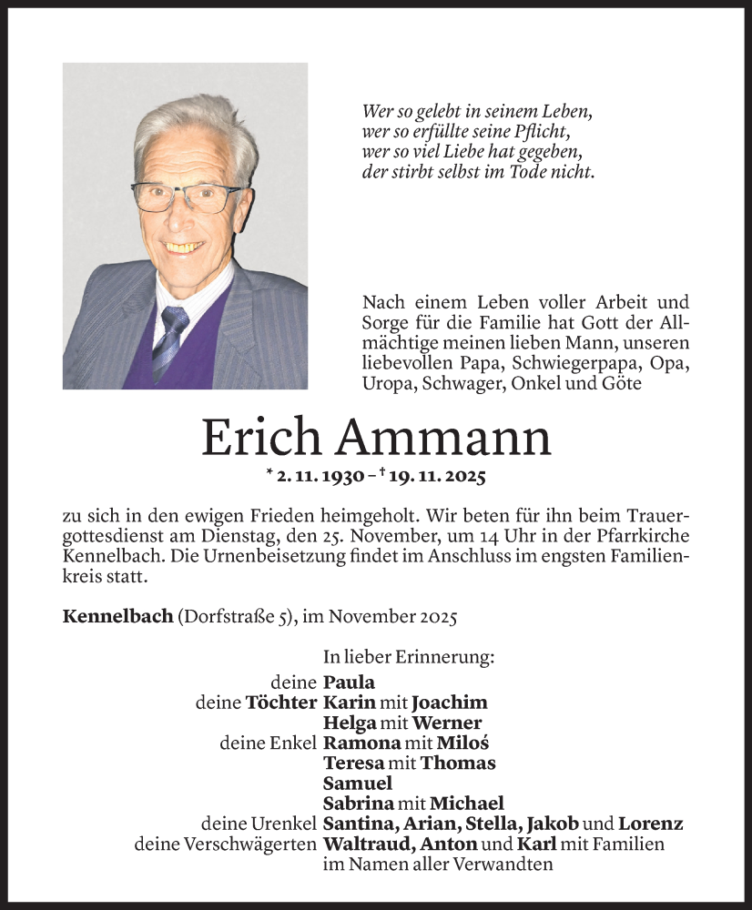  Todesanzeige für Erich Ammann vom 21.11.2025 aus Vorarlberger Nachrichten