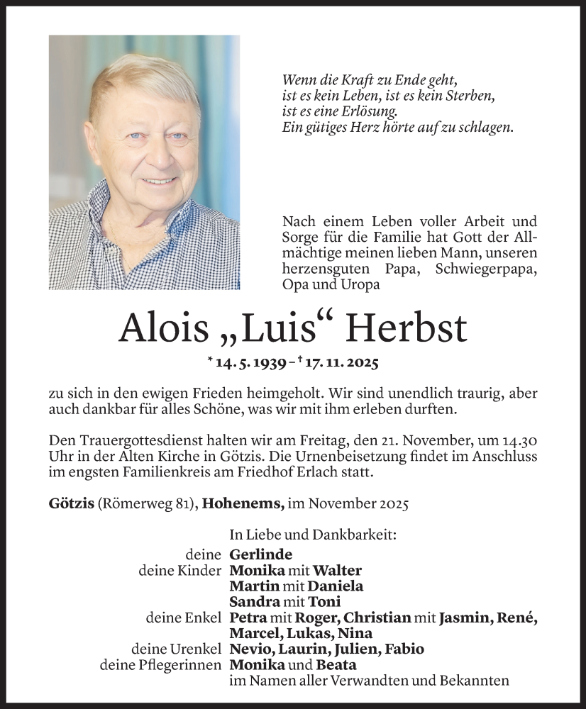  Todesanzeige für Alois Herbst vom 18.11.2025 aus vorarlberger nachrichten