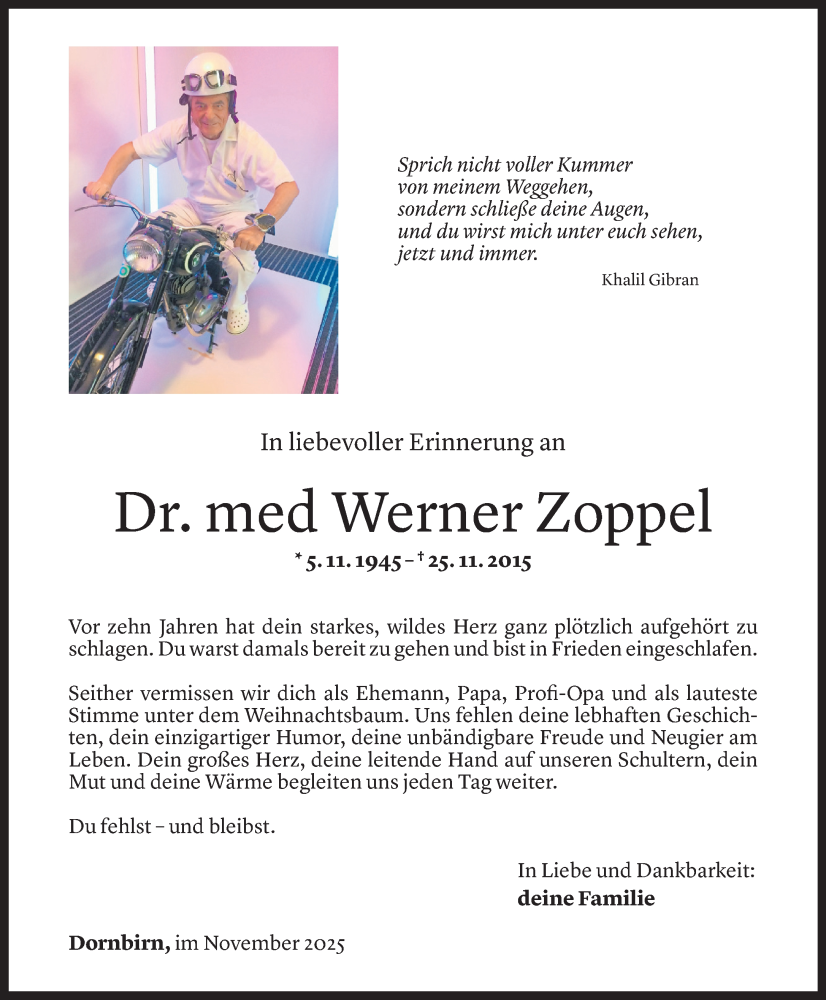  Todesanzeige für Werner Zoppel vom 14.11.2025 aus Vorarlberger Nachrichten