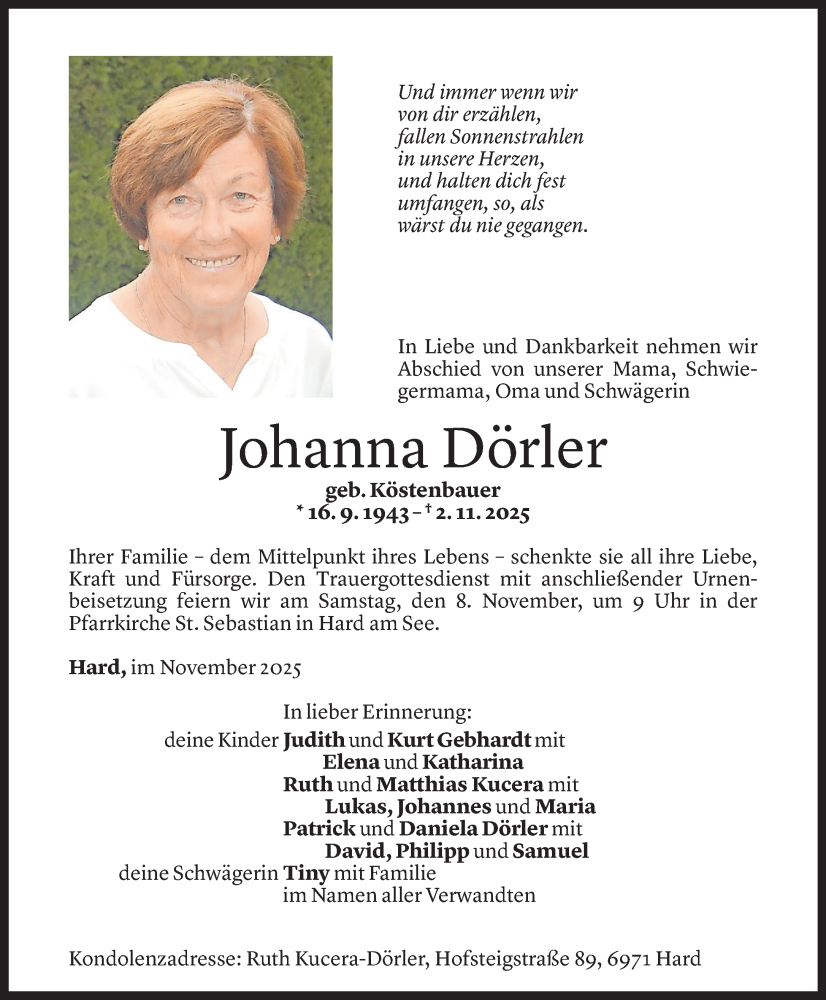  Todesanzeige für Johanna Dörler vom 04.11.2025 aus Vorarlberger Nachrichten