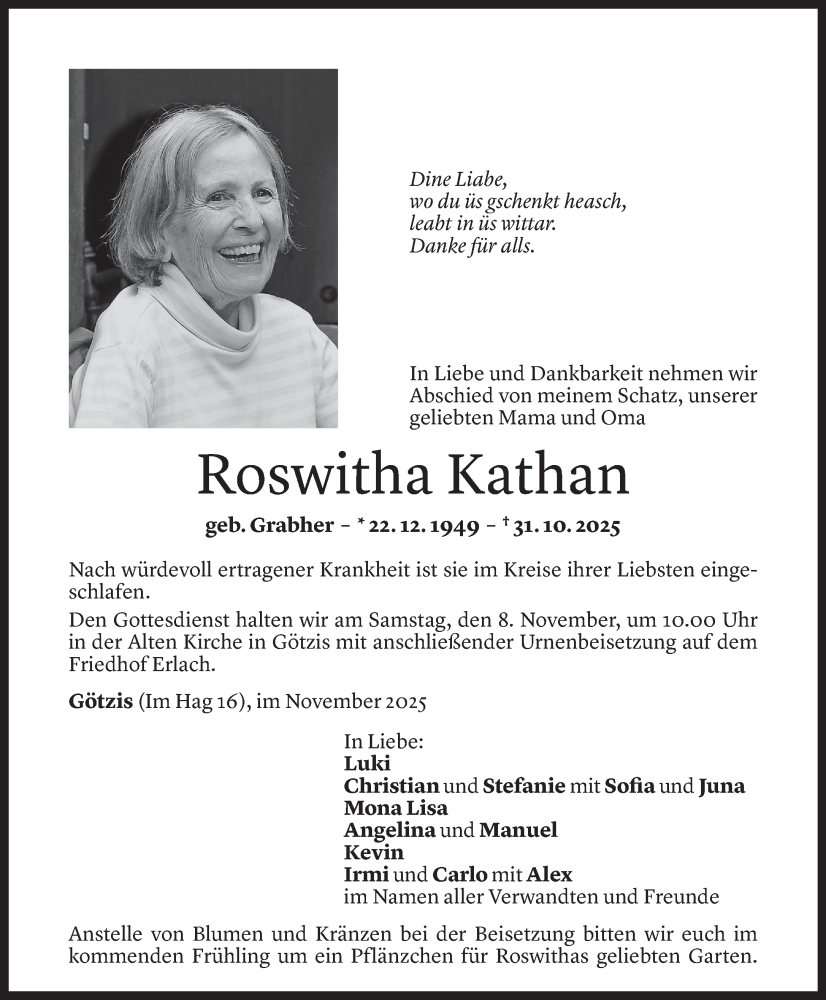  Todesanzeige für Roswitha Kathan vom 04.11.2025 aus Vorarlberger Nachrichten