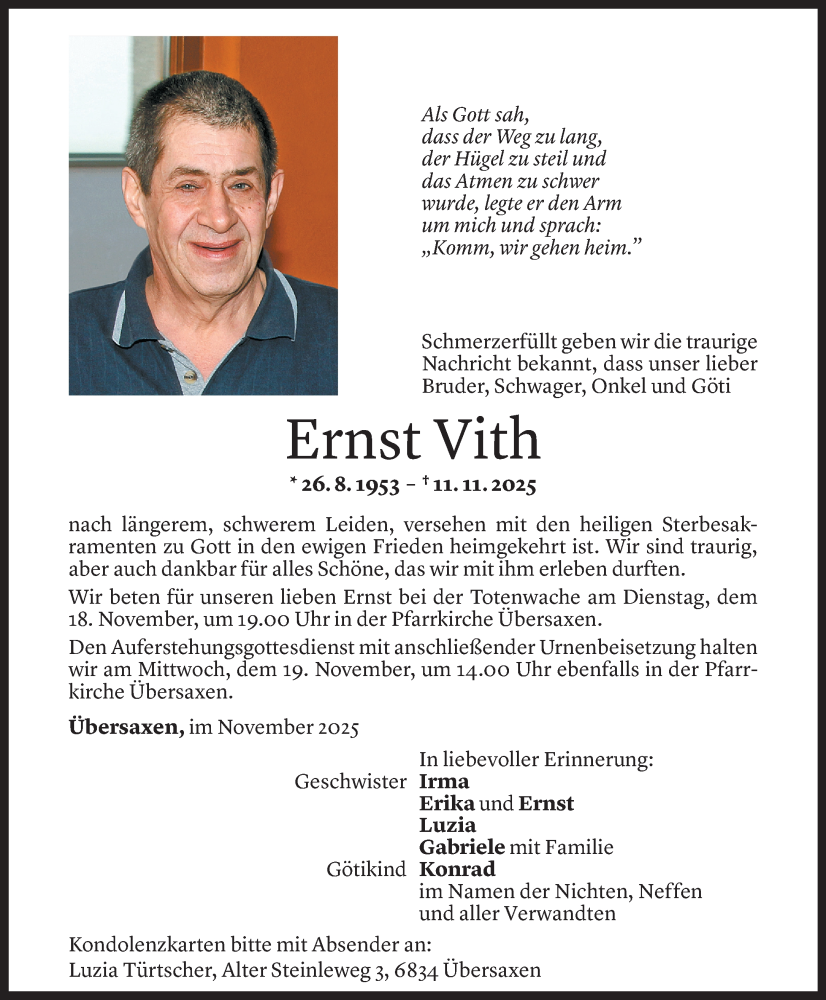  Todesanzeige für Ernst Vith vom 13.11.2025 aus Vorarlberger Nachrichten