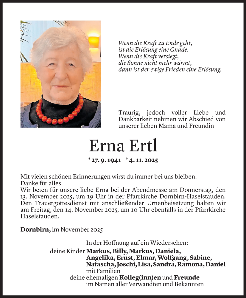  Todesanzeige für Erna Ertl vom 06.11.2025 aus vorarlberger nachrichten