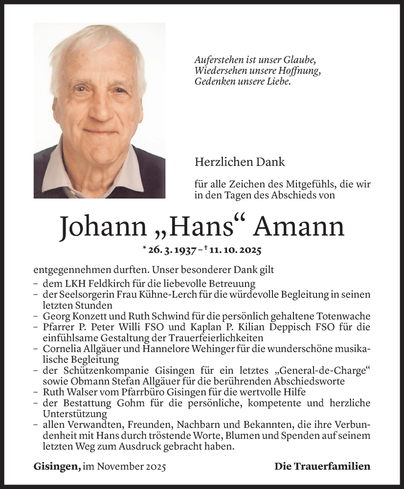  Todesanzeige für Johann Amann vom 14.11.2025 aus vorarlberger nachrichten