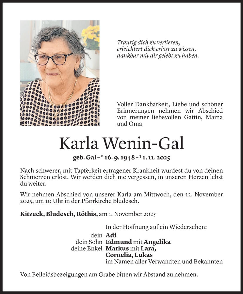  Todesanzeige für Karla Wenin-Gal vom 07.11.2025 aus Vorarlberger Nachrichten